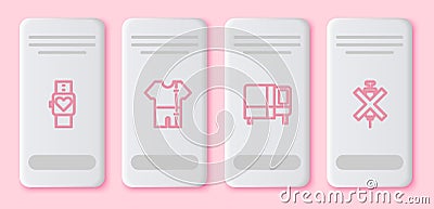 Set line Smart watch, Sport track suit, Bed and No doping syringe. White rectangle button. Vector Vector Illustration