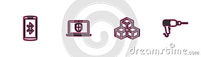 Set line Smartphone with bluetooth, Isometric cube, Laptop shield and Drill machine icon. Vector Vector Illustration