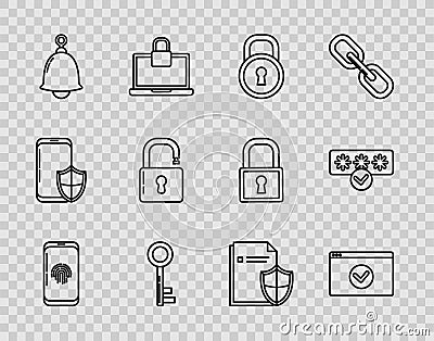 Set line Smartphone with fingerprint scanner, Secure your site HTTPS, SSL, Lock, Key, Ringing bell, Open padlock Vector Illustration