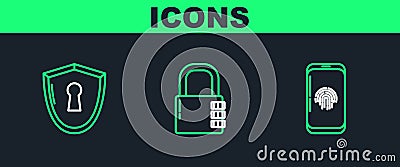 Set line Smartphone with fingerprint scanner, Shield keyhole and Safe combination lock icon. Vector Stock Photo