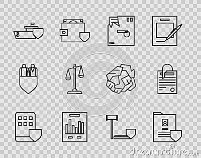 Set line Smartphone insurance, Document with shield, Ordered envelope, graph chart, Ship, Scales of justice, Judge gavel Stock Photo