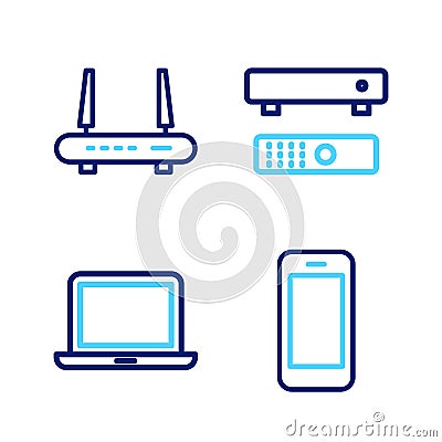 Set line Smartphone, Laptop, Multimedia and TV box and Router wi-fi signal icon. Vector Vector Illustration