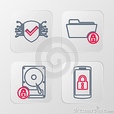 Set line Smartphone with lock, Hard disk drive and, Folder and Cyber security icon. Vector Vector Illustration