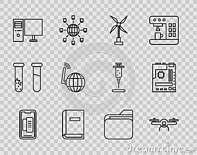 Set line Smartphone, mobile phone, Drone flying, Wind turbine, User manual, Computer monitor, Social network, Document Stock Photo