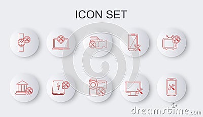 Set line Smartphone service, Bank building, Video camera, Computer monitor, Wrist watch, Laptop, Power bank and icon Vector Illustration
