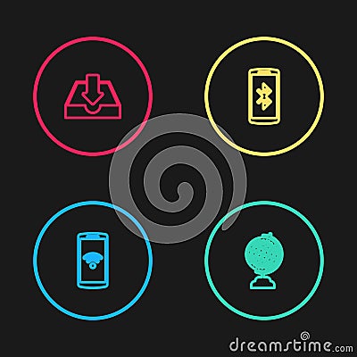 Set line Smartphone with wireless, Earth globe, bluetooth and Download inbox icon. Vector Vector Illustration