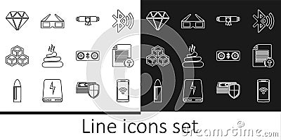 Set line Smartphone with wireless, Upload file, Diploma rolled scroll, Shit, Isometric cube, Diamond, speakers and 3D Stock Photo
