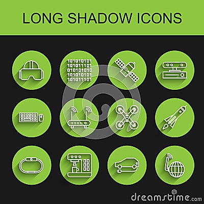 Set line Smartwatch, Coffee machine, Virtual reality glasses, Electric car, Social network, Router and wi-fi signal Vector Illustration