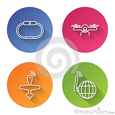 Set line Smartwatch, Drone flying, UAV Drone and Social network. Color circle button. Vector Vector Illustration