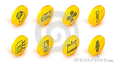 Set line Smartwatch, Laptop, Music player, Sim card, Gamepad, Drone, RAM, random access memory and Human brain as Vector Illustration