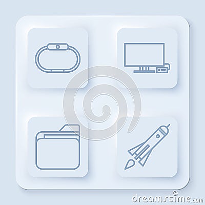 Set line Smartwatch, Smart Tv, Document folder and Rocket ship with fire. White square button. Vector Vector Illustration