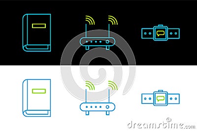 Set line Smartwatch, User manual and Router and wi-fi signal icon. Vector Stock Photo