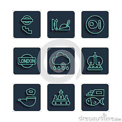 Set line Smoking pipe, British crown, Fish and chips, breakfast, Cloud with rain, London sign, underground and icon Vector Illustration