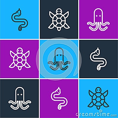 Set line Snake, Octopus and Turtle icon. Vector Vector Illustration