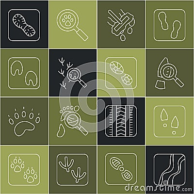 Set line Snake paw footprint, Human footprints shoes, Magnifying glass with footsteps, Mop, Bird, Horse, and icon Stock Photo