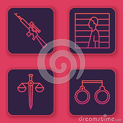 Set line Sniper rifle with scope, Scales of justice, Suspect criminal and Handcuffs. Blue square button. Vector Vector Illustration