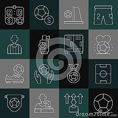 Set line Soccer football ball, Football field, goal with, Air horn, soccer referee, betting money and Locker changing Vector Illustration