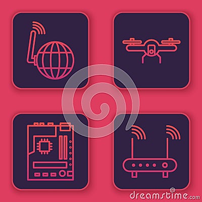 Set line Social network, Motherboard, Drone flying and Router and wi-fi signal. Blue square button. Vector Vector Illustration