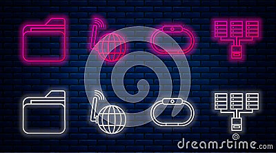 Set line Social network, Smartwatch, Document folder and Server, Data, Web Hosting. Glowing neon icon on brick wall Vector Illustration