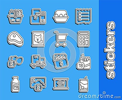 Set line Soda can, Cigarettes pack box, Calculator, Chicken egg in, Canned food, Steak meat, Shopping basket and and Vector Illustration