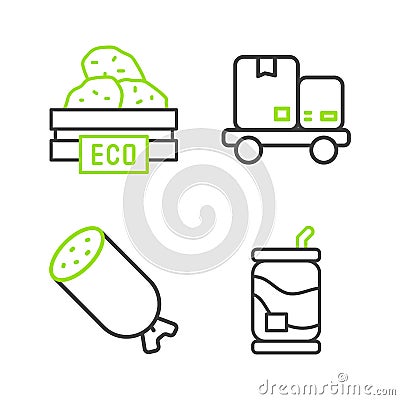 Set line Soda can, Salami sausage, Hand truck and boxes and Wooden for fruits icon. Vector Vector Illustration