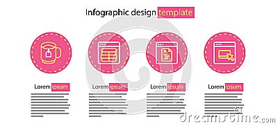 Set line Software, Browser files, MySQL code and Cup tea with tea bag icon. Vector Vector Illustration