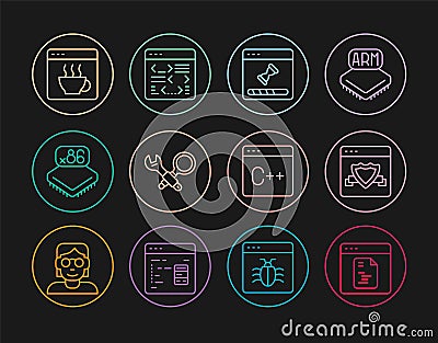 Set line Software, Browser with shield, Loading data window, Debugging, Processor microcircuits CPU, and icon. Vector Stock Photo