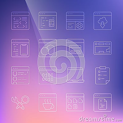 Set line Software, Clipboard with checklist, Keyboard, Debugging, and Search engine icon. Vector Vector Illustration