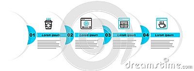 Set line Software, MySQL code, Online play video and Coffee cup to go icon. Vector Stock Photo