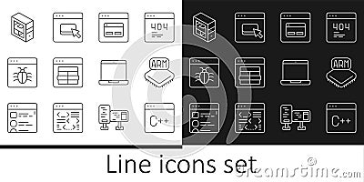 Set line Software, Processor, Search engine, MySQL code, System bug, Computer, Laptop and Browser files icon. Vector Vector Illustration