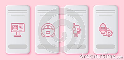 Set line Software, Robot vacuum cleaner, and setting. White rectangle button. Vector Vector Illustration