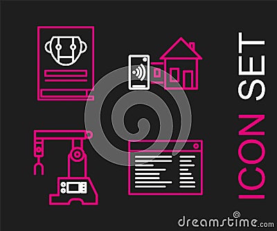 Set line Software, web developer programming code, Assembly line, Smart home and User manual icon. Vector Stock Photo
