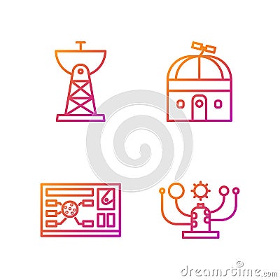 Set line Solar system, Futuristic hud interface, Satellite dish and Astronomical observatory. Gradient color icons Vector Illustration