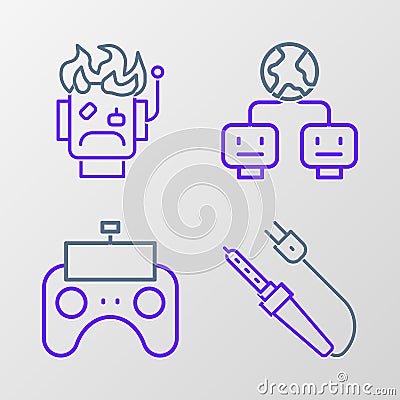 Set line Soldering iron, Remote control, Artificial intelligence and Robot burned out icon. Vector Vector Illustration