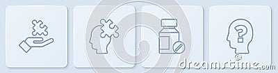 Set line Solution to the problem, Sedative pills, and Head with question mark. White square button. Vector Vector Illustration