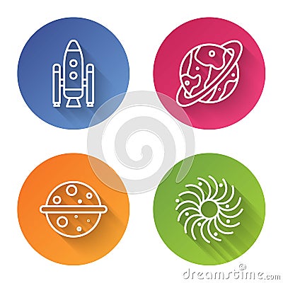 Set line Space shuttle and rockets, Space capsule and parachute, Planet Venus and Black hole. Color circle button Vector Illustration