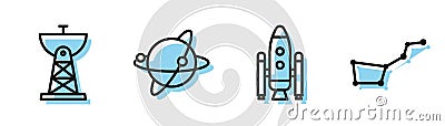 Set line Space shuttle and rockets, Satellite dish, Satellites orbiting the planet Earth and Great Bear constellation Vector Illustration