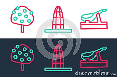 Set line Spanish jamon, Orange tree and Agbar tower icon. Vector Stock Photo