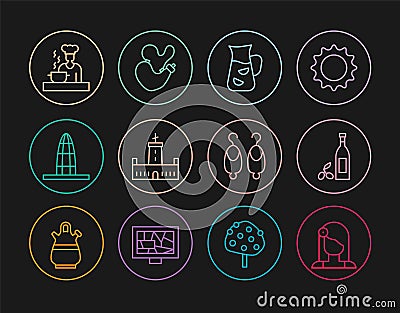 Set line Spanish woman, Bottle of olive oil, Sangria, Montjuic castle, Agbar tower, cook, Earrings and wineskin icon Vector Illustration