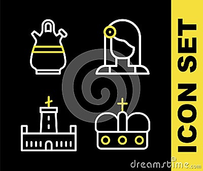 Set line Spanish woman, Crown of spain, Montjuic castle and Sangria pitcher icon. Vector Stock Photo