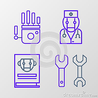 Set line Spanner, User manual, Robot doctor and Mechanical robot hand icon. Vector Vector Illustration