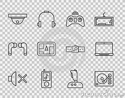 Set line Speaker mute, Vinyl player, Wireless gamepad, Music, Motion sensor, Gps device with map, Joystick for arcade Vector Illustration