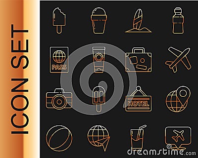 Set line Speech bubble with airplane, Location on the globe, Plane, Surfboard, Sunscreen cream in tube, Passport, Ice Vector Illustration