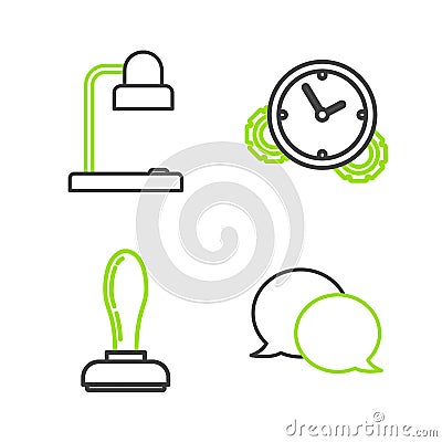 Set line Speech bubble chat, Stamp, Time Management and Table lamp icon. Vector Vector Illustration