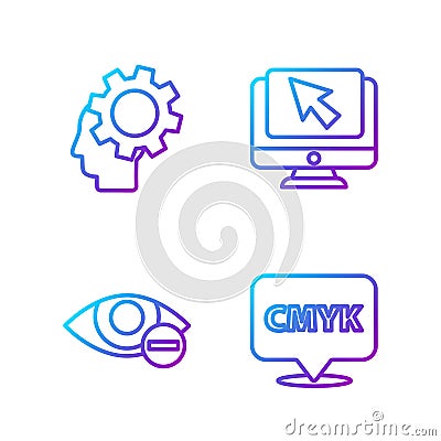 Set line Speech bubble with text CMYK, Red eye effect, Human head with gear inside and Computer monitor and cursor Vector Illustration