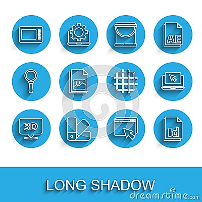 Set line Speech bubble with text 3D, Color palette guide, Graphic tablet, Web design and development, ID File document Vector Illustration