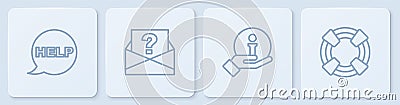 Set line Speech bubble with text Help, Information, Envelope question mark and Lifebuoy. White square button. Vector Stock Photo