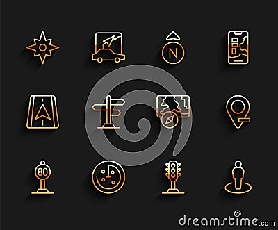 Set line Speed limit traffic, Radar with targets on monitor, Wind rose, Traffic light, Location person, Road sign, and Vector Illustration