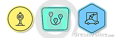 Set line Speed limit traffic, Route location and City map navigation. Colored shapes. Vector Vector Illustration