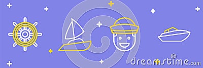 Set line Speedboat, Sailor, Yacht sailboat and Ship steering wheel icon. Vector Vector Illustration